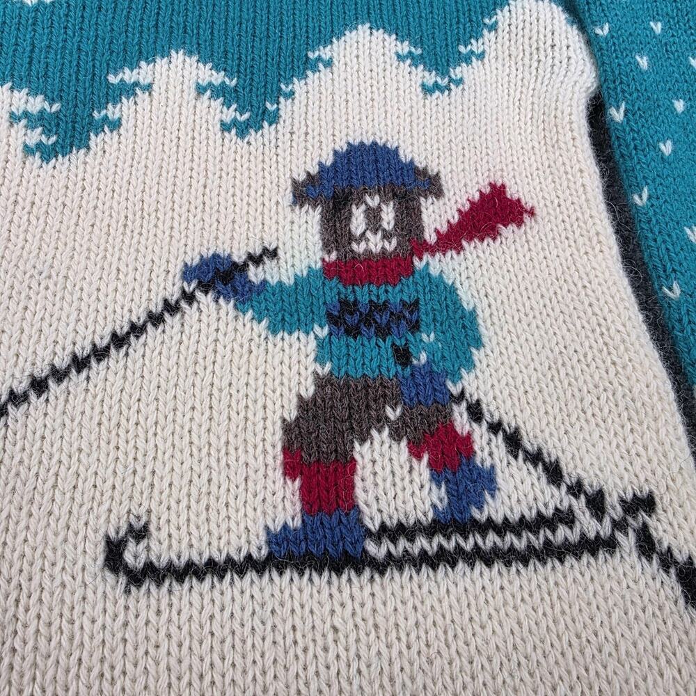 Vintage Woolrich Sweater Womens Large Teal Ski Bear Scene Pure Wool Winter Fun - Picture 12 of 16
